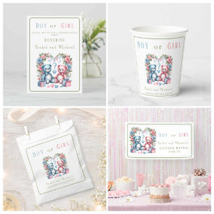 Convite Sexo revela chá de fraldas Teddy Bear azul rosa