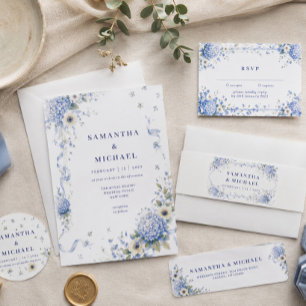 Convite Casamento Clássico Floral Porcelana Azul