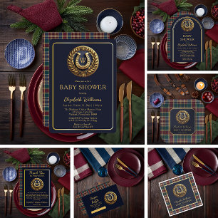 Convite Chá de fraldas Monograma de Xadrez de Ferradura de