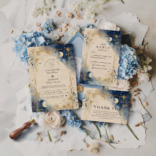 Cartão De Agradecimento Casamento Noturno Celestial Dourado