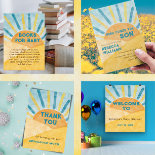 Adesivo Redondo Aqui vem Son Blue Sunshine Chá de fraldas Obrigado