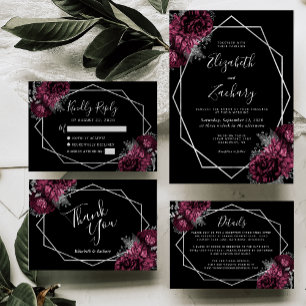 Convite Casamento Negra de Frame Floral de Prata Burgundy