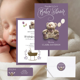 Adesivo Redondo Urso Bebê Fofo com Balões Roxo Branco 