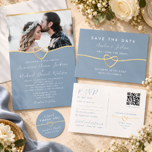 Convite Casamento Coração Dourado Azul Empoeirado