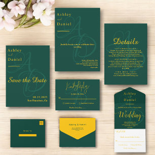 Convite Casamento Mínimo Verde E Dourado De Monograma Deli