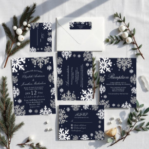Convite Flocos de Neve Azuis Marinho Casamento de Inverno
