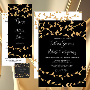Numeração De Mesa Preto Elegante e Branco com Casamento de Folhas Do
