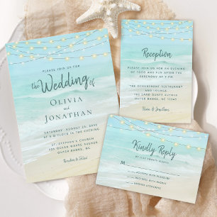Convite Beach Ocean String Lights Wedding
