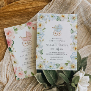 Convite para Chá de fraldas Blue Floral Boy