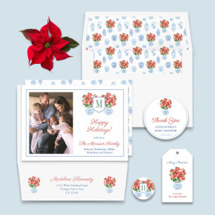 Cartão De Festividades Red Poinsettia Chinoiserie Foto Colagem Natal