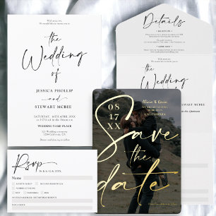Convite Simples e elegante script branco rsvp casamento