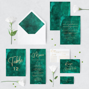 Convite Emerald Green Watercolor e Recepção de casamento D