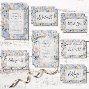 Convite Azul & Branco - Quadro Dourado Floral Branco