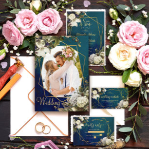 Convite Casamento Romântico Floral Dourado Wreath Emerald 