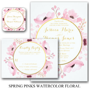 Convite Primavera Pinks Watercolor Floral Casamento Obriga