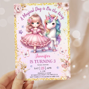 Convite Girls Princess Unicorn aniversário de 3 anos cor-d