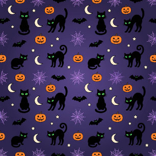 Papel De Presente Abóboras Gatos Pretos Morcegos Halloween Roxo Embr