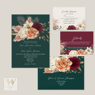 Convite de Casamento Floral Verde Esmeralda com QR