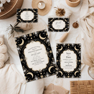 Cartão De Informações Vintage Celestial Estrelas da Lua Botânica Casadas