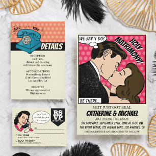 Cartão De Informações Código QR de Casamento do Livro de Arte Pop da Ret