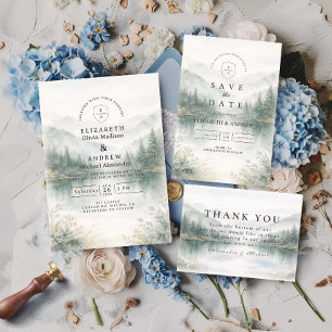 Cartão RSVP Casamento Elegante na Montanha da Floresta Nebulos