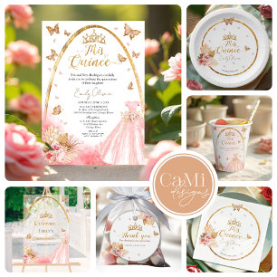 Convite Quinceanera, palha-rosa, brilhante