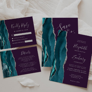Cartão RSVP Casamento Roxo de Agato de Teal Silver