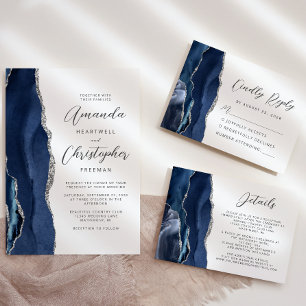 Cartão RSVP Casamento de Script Moderno de Prata Azul Marinho 