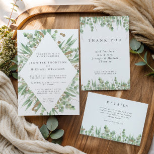 Convite Eucalipto Verde Água e Casamento Dourado