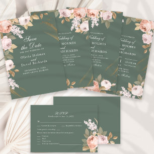Bohemian Sage Green Peonies Convite para Casamento