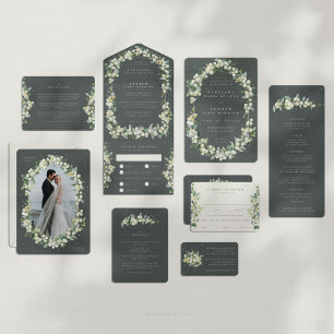Convite Casamento Elegante Cinza Verde Snowberry+Eucalipto