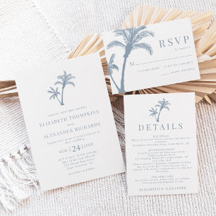 Cartão RSVP Casamento Azul com Derrame de Praia Tropical Palm 