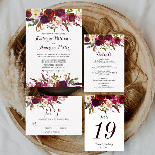 Numeração De Mesa Número da Tabela de Casamento Boho Floral Burgundy