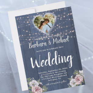 Convite Foto De Casamento Floral De Luzes De Madeira Rústi