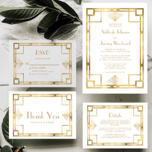 Convite Casamento Deco do Elegante White Gold Geo Vintage 