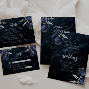 Convite Casamento Floral de Prata Azul Elegante Marinho