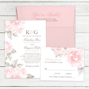 Convite Vintage Pink Watercolor Rosa Monograma de Casament