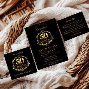 Cartão De Agradecimento Elegante Celebração de 50 Anos Preto e Dourado