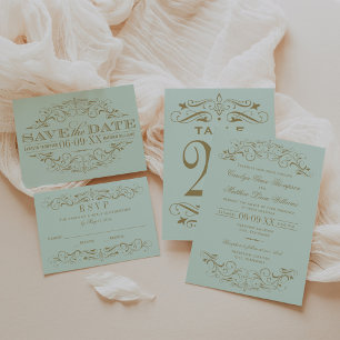 Convite Vintage Mint e Antiquado Casamento Flourish Dourad