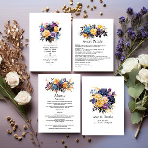 Convite Casamento Floral Azul, Roxo, Dourado e Preto