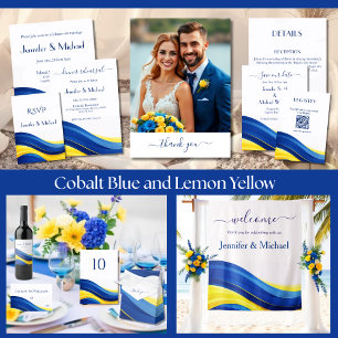 Cartão De Agradecimento Azul Cobalto e Amarelo Foto Casamento Obrigado