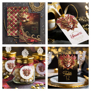 Convite Doce 16 Mascarada Vermelho Dourado ID1032