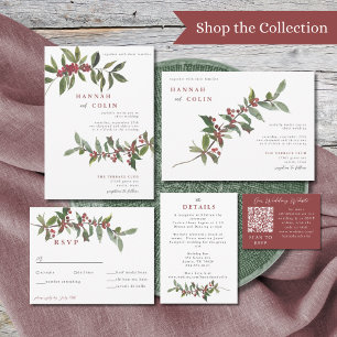 Convite Elegante Winter Berries Red Green Watercolor Invit