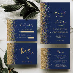 Cartão Borda de Brilho Dourado Azul Marinho Casamento Agr