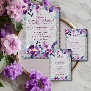 Cartão RSVP Casamento de Floral e Silver de Aquarela Roxo