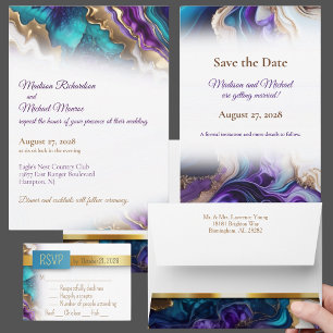 Convite Casamento Elegante Dourado Roxo e Aqua