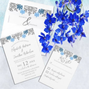 Convite Casamento no inverno Silver Blue Snowflakes