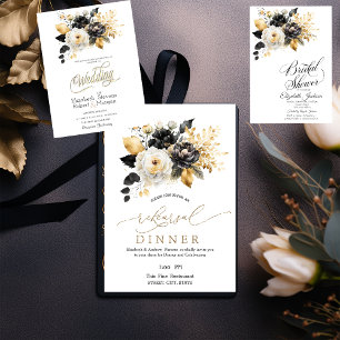 Convite Jantar de Ensaios Flores Preto Branco Dourado