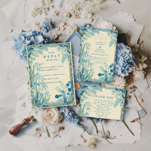 Cartão De Agradecimento Casamento Flor de Jardim Azul Antigo