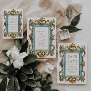 Convite de Casamento com Moldura Vintage Rococó Az